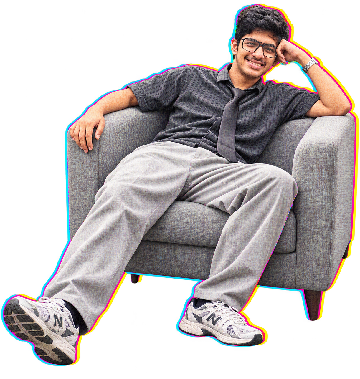 AI-generated portrait of Kabir relaxing in a grey armchair with colourful sticker outlines